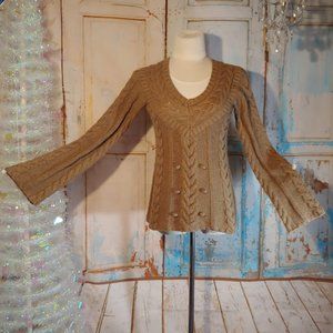 Old Navy wool blend texture cable knit v neck wide sleeve sweater/size XS/tan